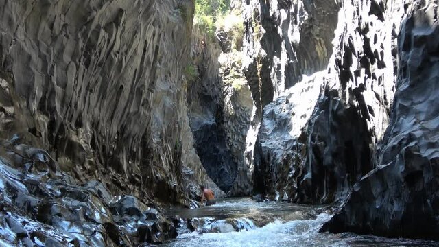 Alcantara river gorge near to Etna volcano in Sicily, Italy. Footage 4k