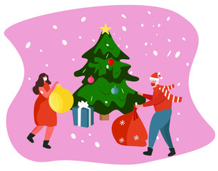 Charachters in Medical Mask Celebrating Christmas and New Year during Quarantine near Tree.Christmas Party in Covid 19.Santa Claus in Santa Hats with Gifts for New Year.Flat Vector Illustration