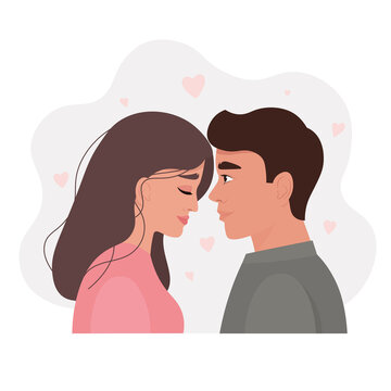 Portrait of a romantic couple in love. Young man and woman in love, before the kiss. The image of tenderness and passion in a relationship. Vector illustration in cartoon flat style