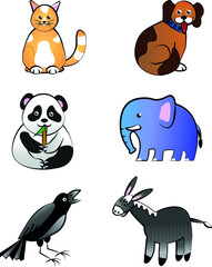 Set of animals cartoon.  
Сartoon cat, dog, elephant, crow, panda and donkey.
