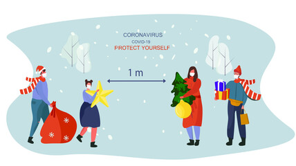 People in Medical Mask Celebrating Christmas and New Year during Quarantine.Christmas Party in Covid 19.Keeping Distance during Coronavirus.Characters in Santa Hats with Tree.Flat Vector Illustration