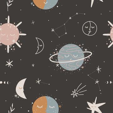 cute baby illustration. Sun and moon. space children's world. print interior poster. good dreams, baby bedroom