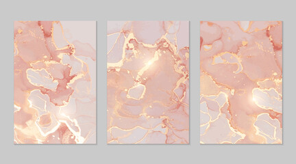 Luxury pink, peach and gold marble abstract background set. Alcohol ink technique vector stone textures. Creative paint with glitter. Backdrop for banner, poster, invitation design