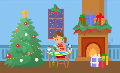 Obraz na płótnie Canvas Christmas tree and child making handmade presents vector. Home interior, baubles and balls decoration, gifts on fireplace with flame, happy holiday