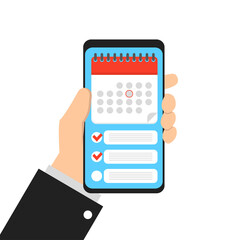 Calendar on the phone, hand holds. vector planning schedule illustration in flat