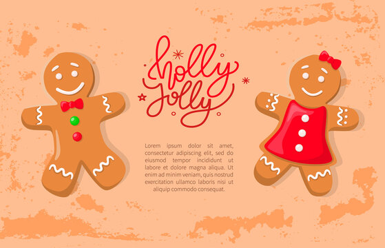 Holiday gingerbread of man and woman, smiling girl in bright dress and boy with bow and buttons. Holly paper card with traditional cookies vector