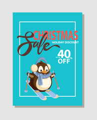 Christmas sale poster with penguin skiing on blue, vector frame. Wintertime discounts advertisements with cartoon animal and winter sport activity