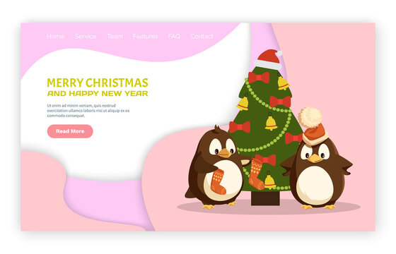 Merry Christmas and happy New Year web page vector. Fir-tree decorated by festive toys, penguin in Santa hat and seabird holding socks, website with links