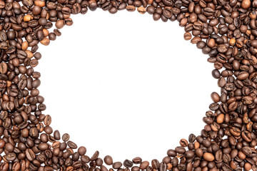 Pile of fresh aromatic coffee beans. Place for text or logo. Copy space.