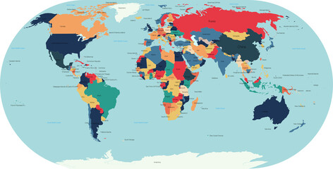 World political vector detailed map. Vector editable illustration. Trending color scheme