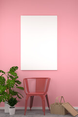 Mock up wall poster in the interior with a chair and plant, pink girly concept, 3D render, 3d illustration.