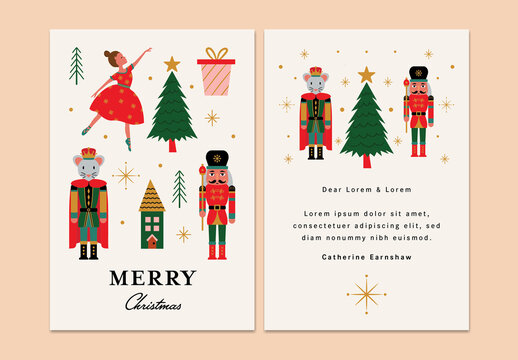 Merry Christmas Greeting Card Layout with Nutcracker, Ballerina and Mouse King 