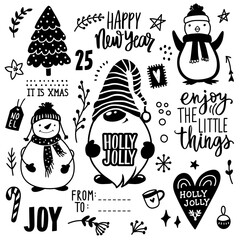 Christmas hand drawn doodle illustration. Xmas, Happy new Year set in sketch style. Vector Decoration for winter holidays isolated on white background.