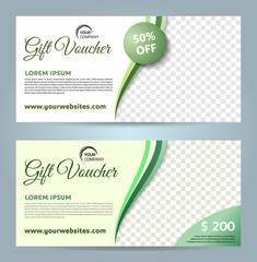 Set of two vector luxury modern gift voucher card template with wave in green color