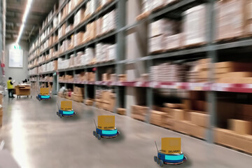 Fototapeta premium Concept industry 4.0 robotic Artificial Intelligence,Autonomous Robot of warehouse logistic,smart Automated delivery vehicle in modern storehouse shipping,with robot carrier carrying cardboard box