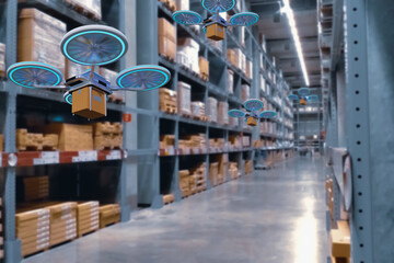 Fototapeta premium Concept industry 4.0 robotic drone artificial Intelligence,autonomous Robot of warehouse logistic,smart automated delivery vehicle,modern storehouse shipping,with robot carrier carrying cardboard box
