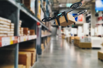 Obraz premium Concept industry 4.0 robotic drone artificial Intelligence,autonomous Robot of warehouse logistic,smart automated delivery vehicle,modern storehouse shipping,with robot carrier carrying cardboard box