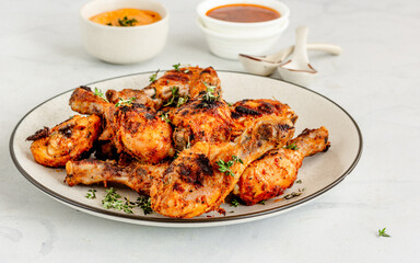 Barbecue Chicken Drumsticks / Grilled Chicken Legs with Condiment, Garnished with Fresh Thyme