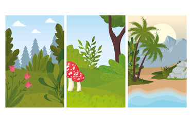 three landscapes scenes with flowers and fungus vector illustration design