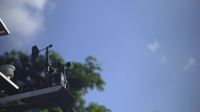 Anemometer for Wind Meter vane spinning in loop with sky background. 
