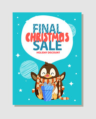 Final Christmas sale, holiday discount and penguin opening gift box with presents. Wintertime discounts advertisements with cartoon animal on snow