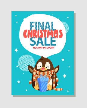 Final Christmas sale, holiday discount and penguin opening gift box with presents. Wintertime discounts advertisements with cartoon animal on snow