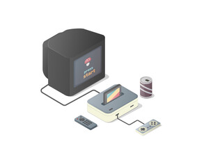 Classic video games concept. Game console, gamepad and TV. Colored vector illustration.