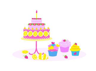 Sweets, cupcakes with lemon peel for birthday sweets decoration. Flat vector illustration, isolated objects.