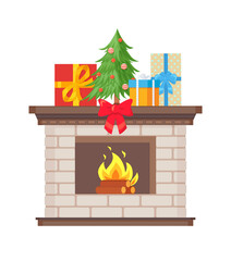 Fototapeta premium Christmas fireplace decorated by fir-tree with balls and presents vector isolated icon. Burning fire, wooden logs and framing made of stone, flame in hearth