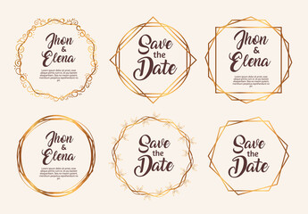 bundle of six wedding invitation golden frames vector illustration design