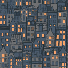 Vector orange grey blue city dark seamless pattern