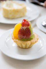 Jelly fruit cake on a cafe table
