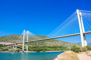 Fototapeta na wymiar The impressive cable bridge of Chalkida, Euboea, Greece.