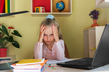 Little girl experiences difficulties and anger at the need for distance learning