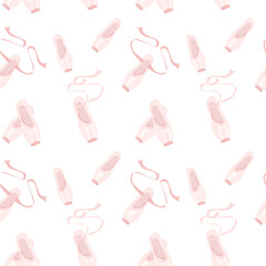 Ballet pointes shoes seamless pattern, with ribbon, pink. Ballerina fashion. Vector illustration, isolated background.