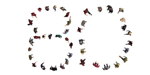 people - arranged in number 80 - top view without shadow - isolated on white background - 3D illustration
