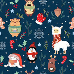 Vector Seamless Christmas and New Year`s pattern. Winter and Christmas elements. Wrap for gifts. Vector illustration. Doodle style.