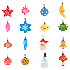 Set Christmas Retro Toys balls decorative elements. Xmas collection vintage elements baubles, toys, gift boxes, garlands, xmas trees. Vector illustration accessories for poster