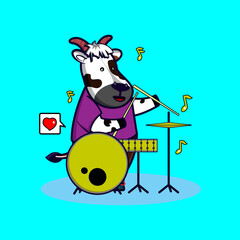 Naklejka premium Cute hand-drawn Cow playing drum-percusion. Premium Vector