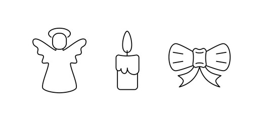 Vector drawing of a set of Christmas symbols with a Christmas angel, a candle and a festive bow with lines on a light background.