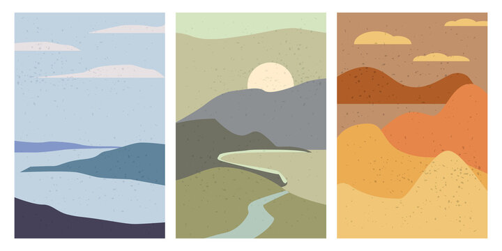 Set Landscapes Abstract Modern Contemporary background sunset sea ocean. Mountains, hills, waves shapes. Vector illustration trendy art flat minimalist style template banner poster