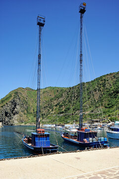 Passarella or Feluca typical boat for fishing for swordfish in the port of Bagnara Calabra, District of Reggio Calabria, Calabria, Italy, Europe