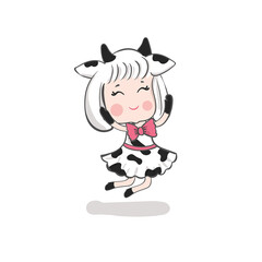 Obraz na płótnie Canvas Cute happy girl in a cow costume is jumping. Kawaii cartoon.
