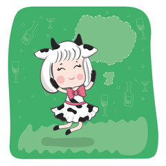Cute happy girl in a cow costume is jumping. Kawaii cartoon.