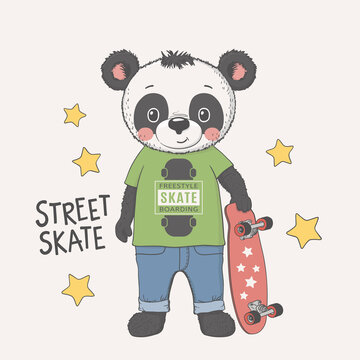 Cute Panda Boy With Skateboard