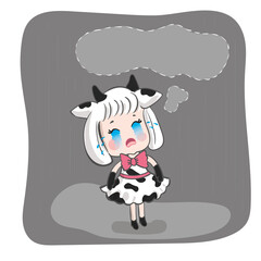 Cute little girl crying in a cow costume. Kawaii cartoon.