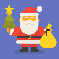 Santa Claus holding bag with gifts and christmas tree. Vector character