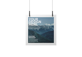 Square Poster Hanging on Clothespins Mockup