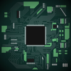 Circuit board. Electronic computer hardware processor technology. Motherboard digital chip. Tech science background. Integrated communication processor. Information engineering motherboard component