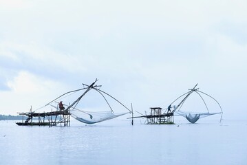 View of Yor Yak or Giant Square Fishnets at Klong Pak Pra in Phattalung, Thailand
